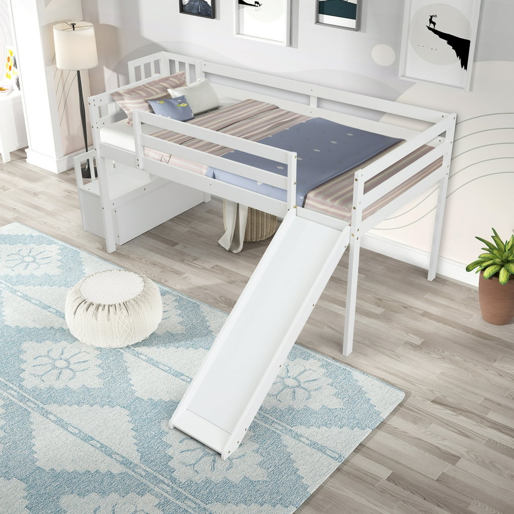 Kids Slide Loft Bed, Twin Size, Solid Wood Loft Bed Low Profile with