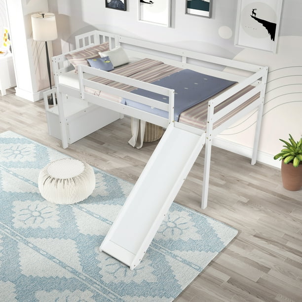 Kids Slide Loft Bed, Twin Size, Solid Wood Loft Bed Low Profile with