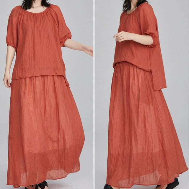 BEFOKA Robe pour Femme Grande Taille, Liquidation de Robes d'Été pour Femmes, Jupe de Complet Ample et Décontractée d'Été pour Femme à Couleur Unie, Manches Mi-Longues, Col Rond