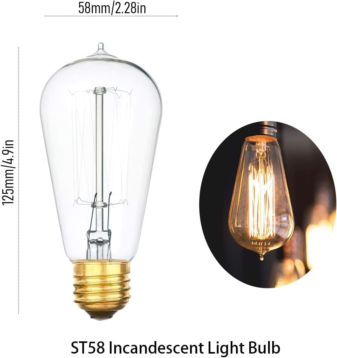 FEFEFW-4-Pack Incandescent Light Bulbs 60 watt, E26 Bulb with Warm White Lights for Bedroom, ST58 2200K Dimmable Light Bulbs, 230lM Edison Bulbs for Vintage Lamp, Antique Squirrel Filament Lightbulbs