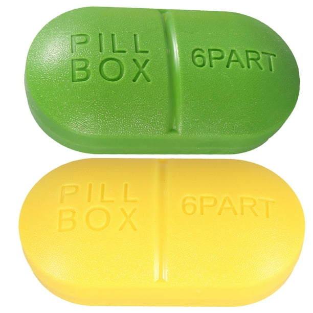 EeaseMX Pastillero portátil de 2 piezas, contenedor de medicina de emergencia, caja ovalada de seis compartimentos, mini estuche de plástico para pastillas, para uso doméstico (verde y amarillo)