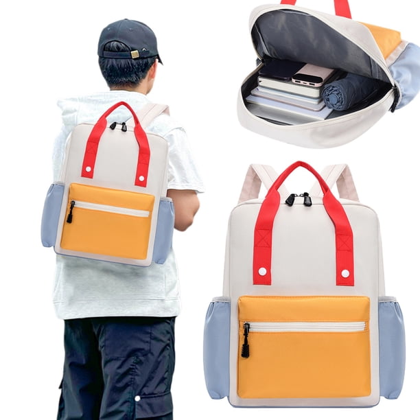 Mochila de doble hombro | Tela duradera, diseño transpirable, bloque de colores de moda | Forro suave de poliéster, 37x27x10cm | Cómodo, ligero, moderno | Blanco, azul, amarillo