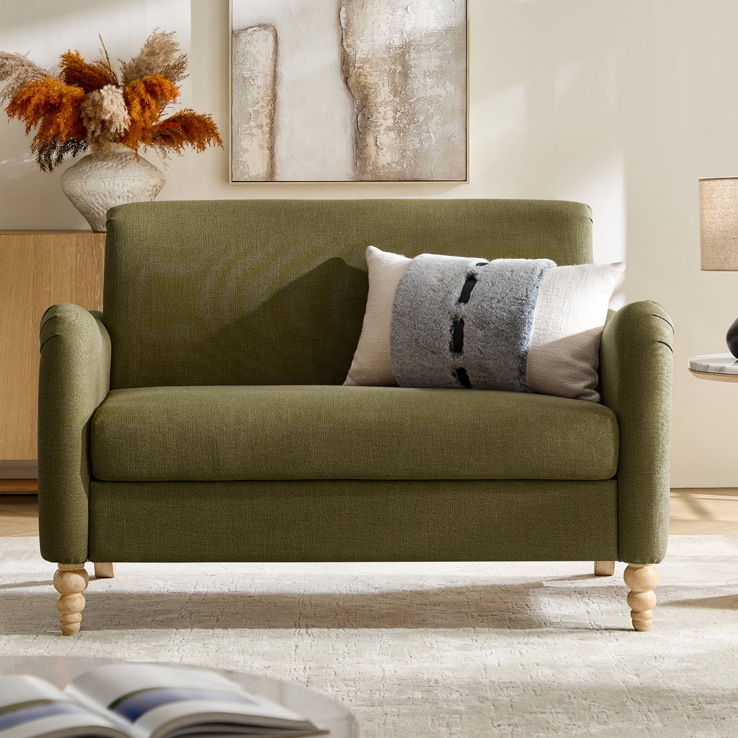 Tina's Home 50" Farmhouse Loveseat Sofa with Slope Arms and Solid Wood Bobbin Legs for Living Room, Moss