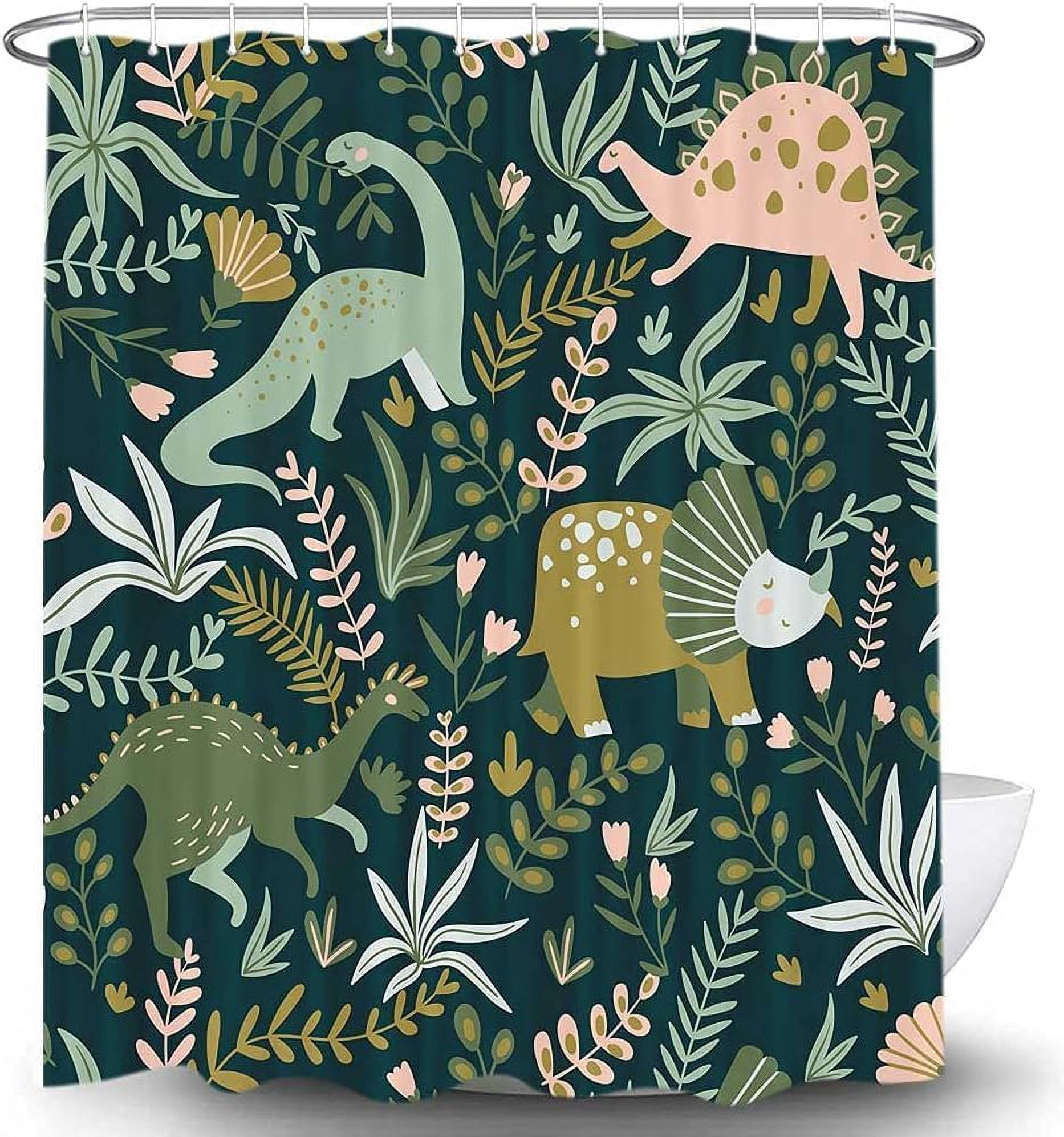 Kids Shower Curtains,Funny Dinosaur Shower Curtains, Cute Dinosaur for Boys Girls, Green Plant Leaf Flowers Colorful Bathroom Decor with Hooks Waterproof Fabric Polyester Bathtub Decorative