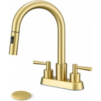 Bathroom Faucet with Pull Out Sprayer, Brushed Gold Bathroom Faucet 3 Holes, 2 Handle Bathroom Sink Faucet with 360 Degree Swivel Spout, Pop Up Drain Assembly Included