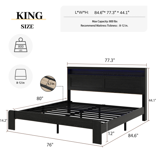 Euroco Wood King Size Platform Bed with Storage Headboard, LED Light and USB Charging Station, Black