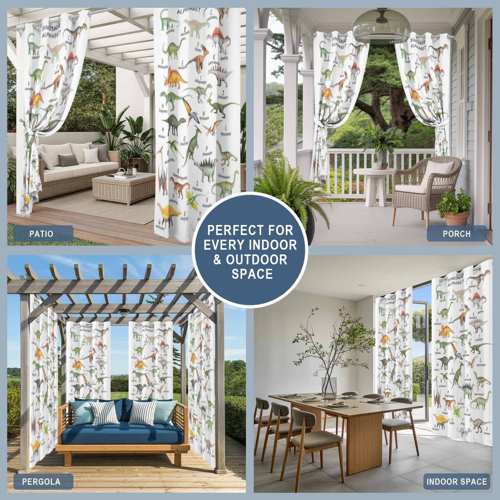 Outdoor Curtains for Patio Waterproof, Dinosaur Windproof Pravicy Outside Porch Blackout Curtain, Funny Dino Cute Cartoon Boys Girls Children Sun Blocking Grommets Curtains for Cabana Gazebo 54"x108"