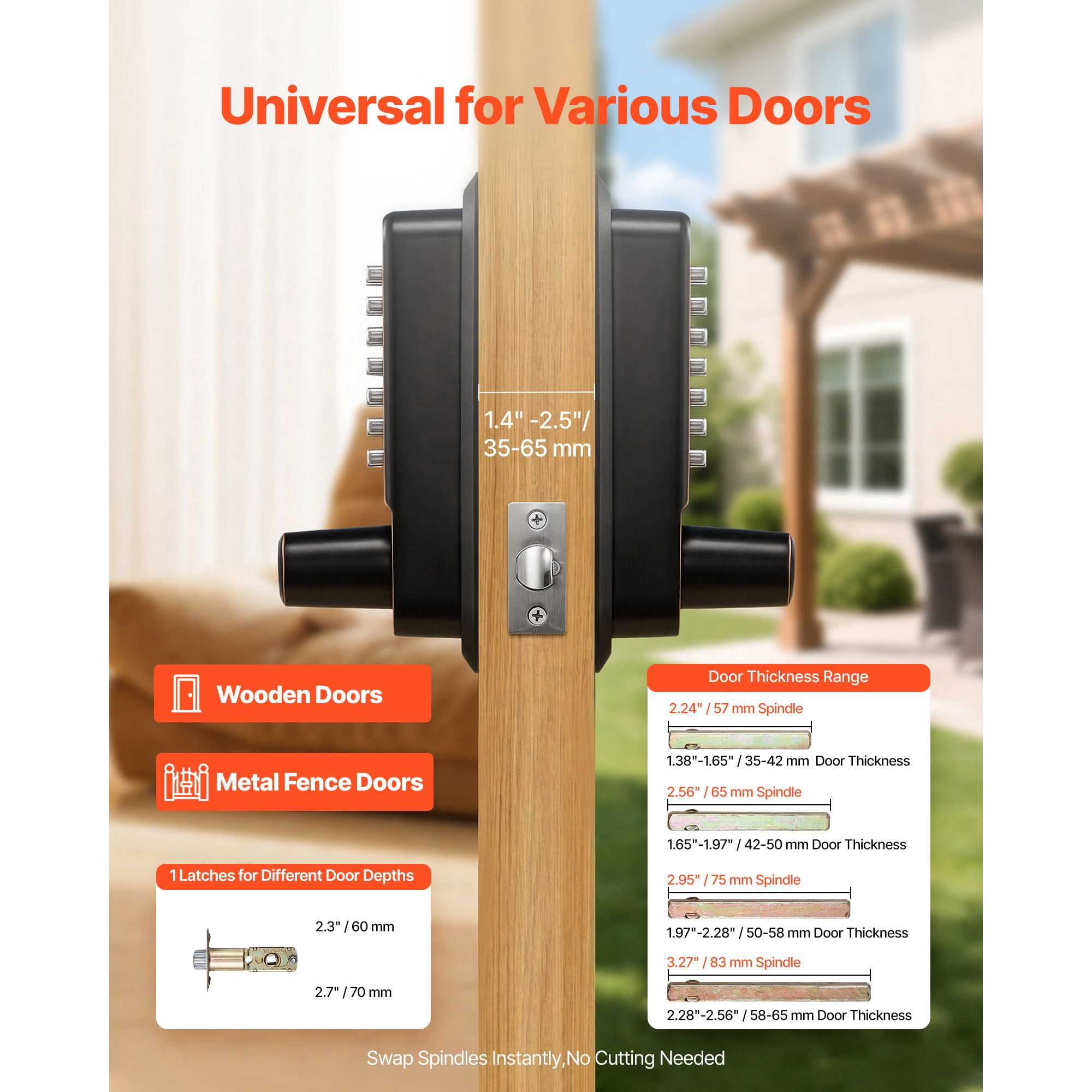 Mechanical Keyless Door Lock Gen2 Double-Sided 4-7 Digit Code No Batteries 1.4-2.5 Inch Door Thickness for Front Gate