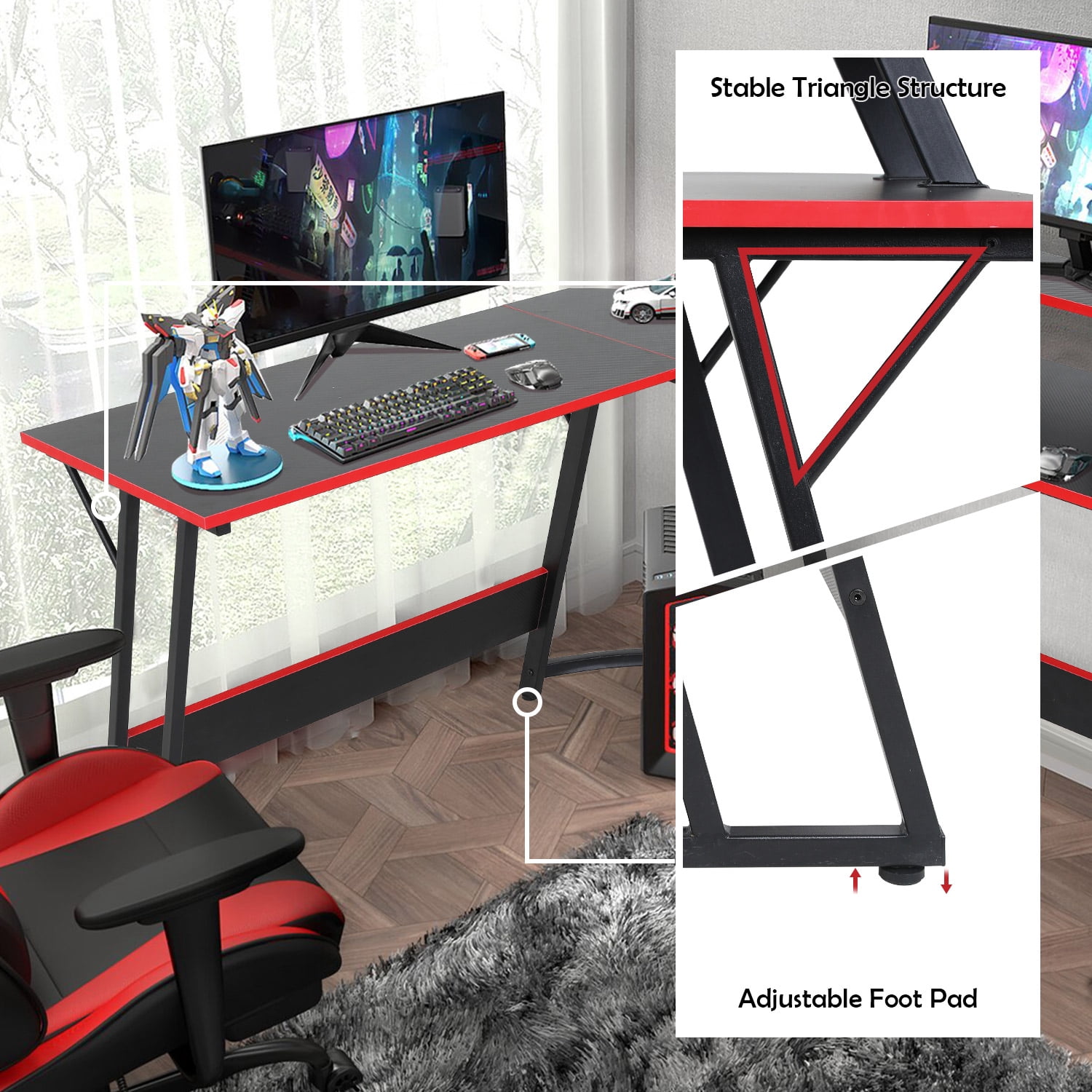CL.HPAHKL L Shaped Desk Corner Gaming Desk Table with Large Monitor Riser Stand Computer Desk with Large Desktop Studying and Working and Gaming for Home and Work Place（ Black 51 Inch）