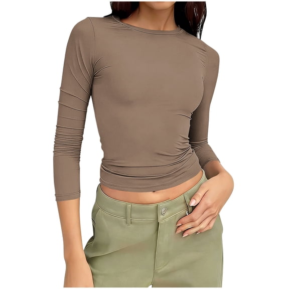Ltctricy Women's T Shirts 3/4 Length Sleeve Crew Neck Ruched Slim Crop Tops Casual Basic Tees Tight Trendy Blouses
