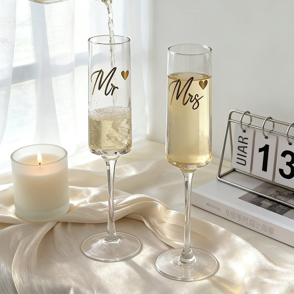 2Pcs Mr & Mrs Champagne Flutes, Golden-Embossed Wedding Toast Glasses, Tulip Stemmed Couple Cups for Wedding Anniversary Bridal Shower and Registry Idea, Perfect Gift for Newlyweds Bride Groom