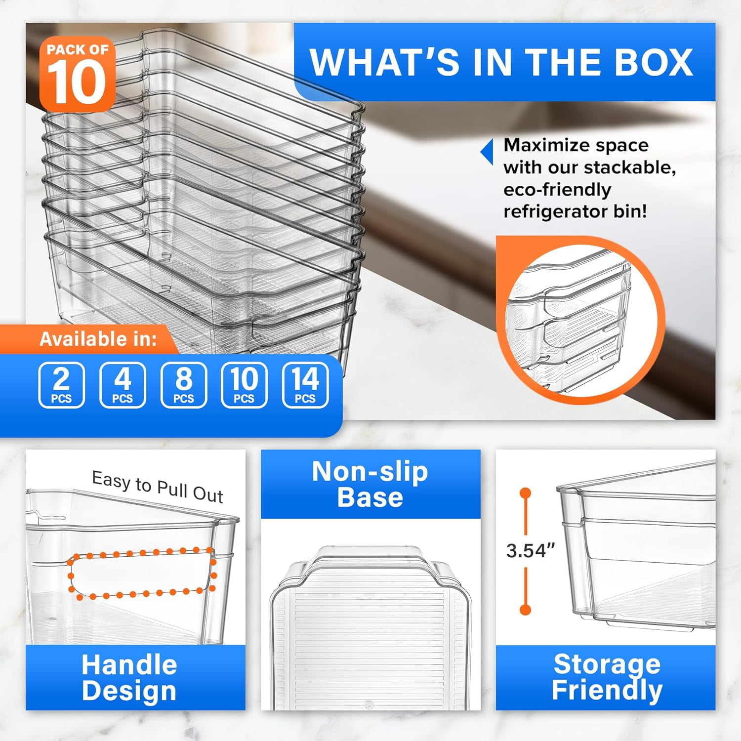 LifeMaster Stackable Fridge Organizer PET Clear Bins - Pack of 14 | Maximize Storage Space, Easy to Clean, Versatile for Fridge, Cabinet, Pantry, Countertops | Durable PET Plastic