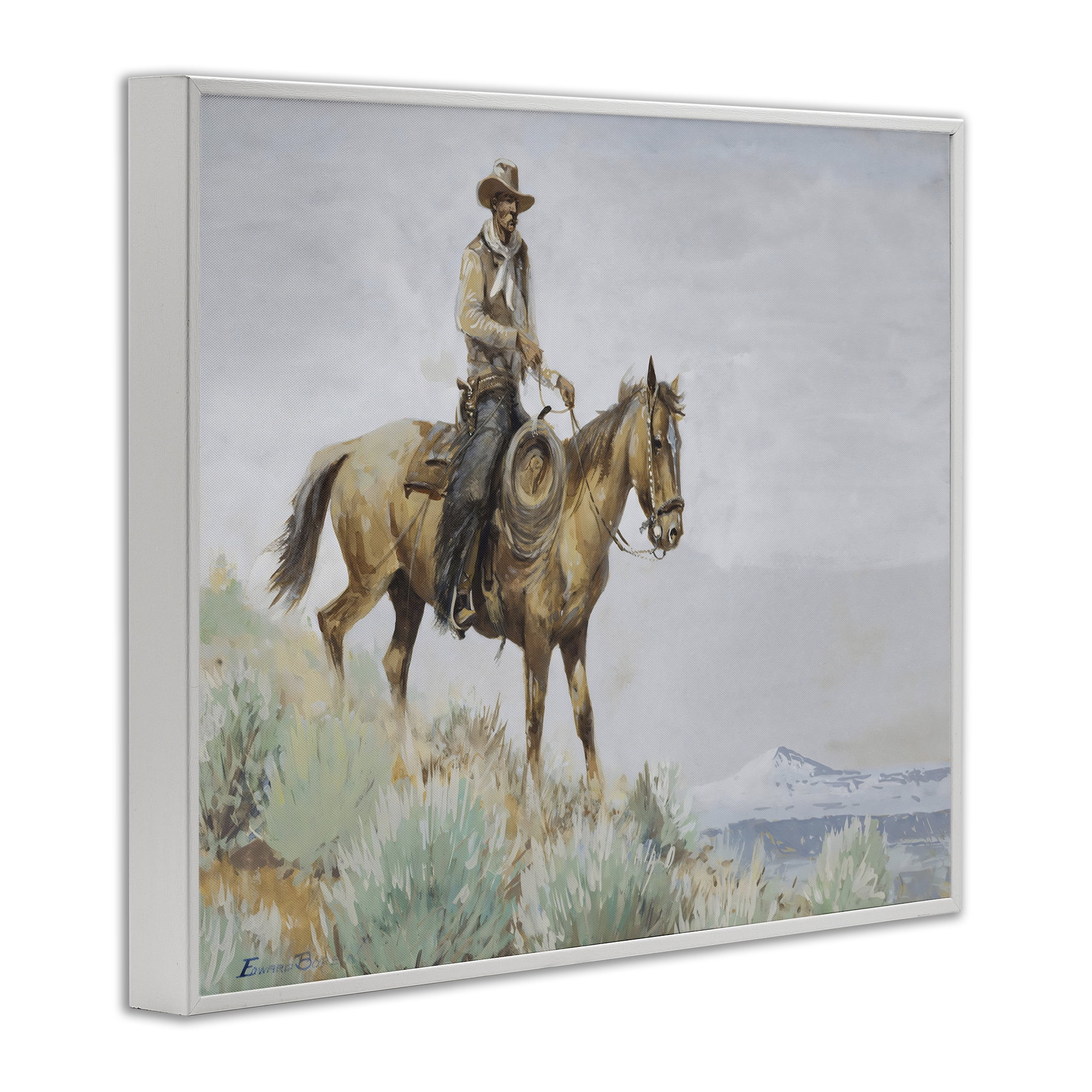 Stupell Industries Mounted Cowboy on Sagebrush Ridge White Framed Giclee Art, design by Arlington Prints