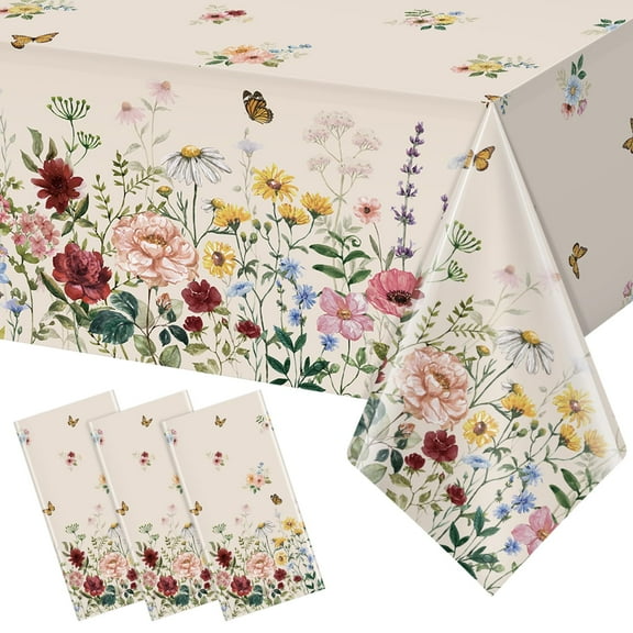 Spring Floral Tablecloth 3 Pack, Butterfly Wildflower Printed Disposable Plastic Table Cover for Easter Wedding Birthday Mothers Day Tea Party Decor, 54 x 108 Inch, Beige