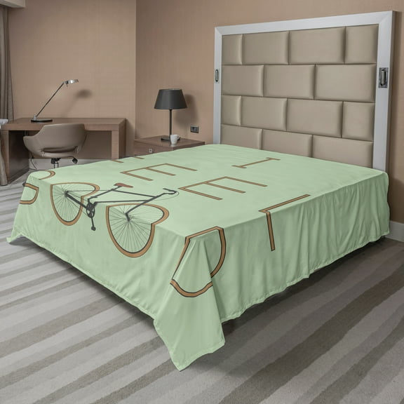 Ambesonne Saying Flat Sheet, Positive Words Bicycle, Queen Size, Green Cocoa