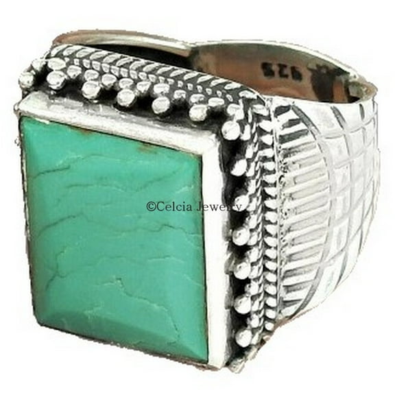 Natural Turquoise 925 Sterling Silver, Mens Signet Ring, Birthday Gifts For Dad, Arabic Design Turkish Ring, Biker Ring, Boyfriend Gifts, Fathers Day Gifts, December Birthstone Size 7