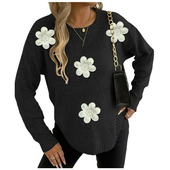 Rutainlusire Womens Trebdy Solid Color Warm 3D Floral Decorated Loose Comfy Sweaters Women's Casual Flower Round Neck Fashion Fall/Winter Long Sleeved Pullover Sweater Top