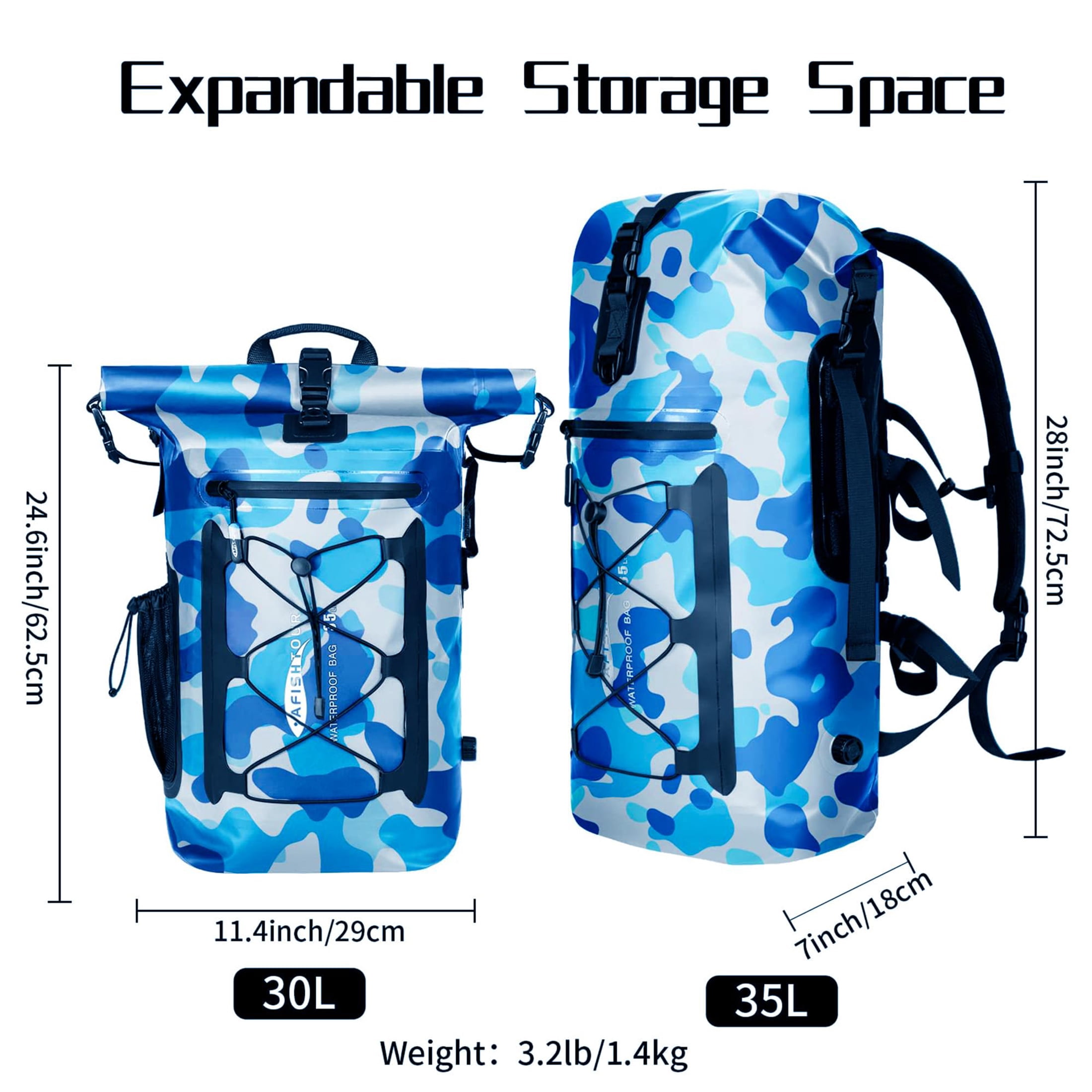 AFISHTOUR Dry Bag Waterproof Backpack, 35L Roll Top Floating Dry Backpack for Kayaking, Hiking, Camping, Travel (Blue)