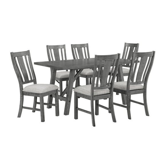 Rustic Gray Wood 7 piece Dining Set with Gray Linen Upholstered Chairs