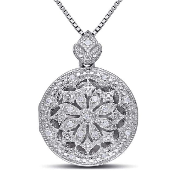 AMOUR 1/10 CT TW Diamond Floral Vintage Locket Pendant with Chain In Sterling Silver