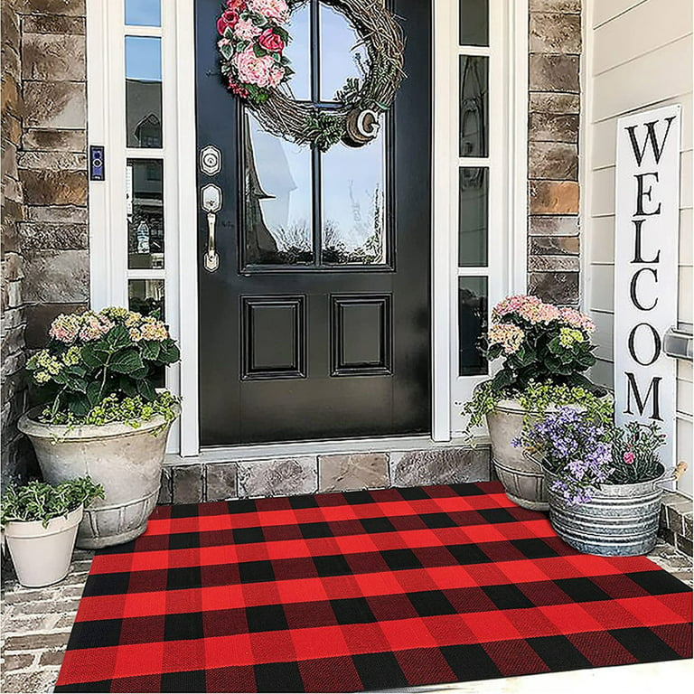 Buffalo Plaid Outdoor Rug 23.6X51.2 Cotton Handwoven Plaid Front Door Mat,  Washable Black Outdoor Rug For Porch/Front Porch/Farmhouse Black And White