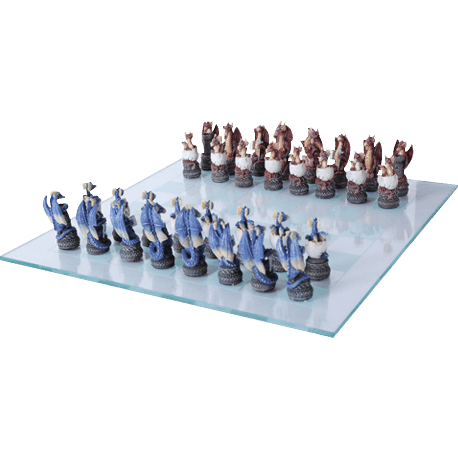 Medieval Dragon Fantasy Red & Blue Chess Set W/ 18" Gloss Cherry Color Board 