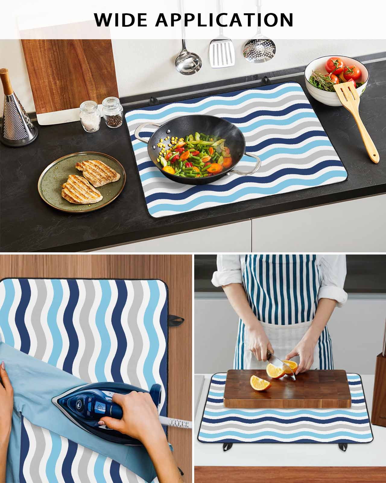 nqOlkjepod Large Induction Cooktop Protector Mat 36"x21", Navy Blue Grey Stove Top Covers for Electric Stove, Abstract Geometric Ocean Wave Stripe Stove Burner Cover Mats, Glass Top Stove Cover