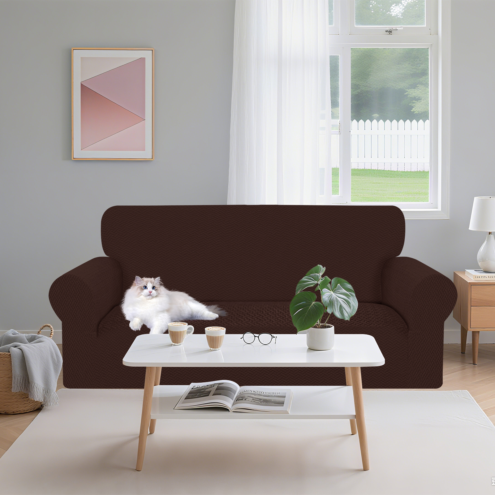 Debonair Stretch Jacquard Couch Cover with 1 Pillowcase, 1-Piece Soft Sofa Cover, Sofa Slipcover with Anti-Slip Foams, Washable Furniture Protector for Pets (Loveseat, Chocolate)