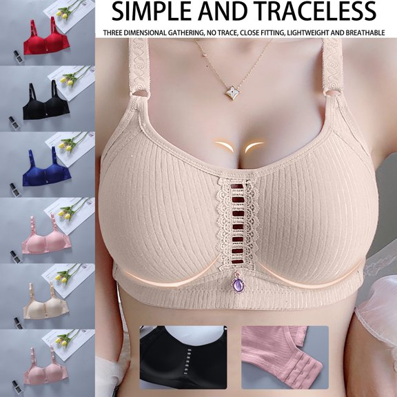 HAPIMO Everyday Bras for Women Stretch Underwear Gathered Wire Free Comfortable Hollow Out Camisole Comfort Daily Brassiere Plus Size Ultra Light Lingerie Rollbacks Black 44