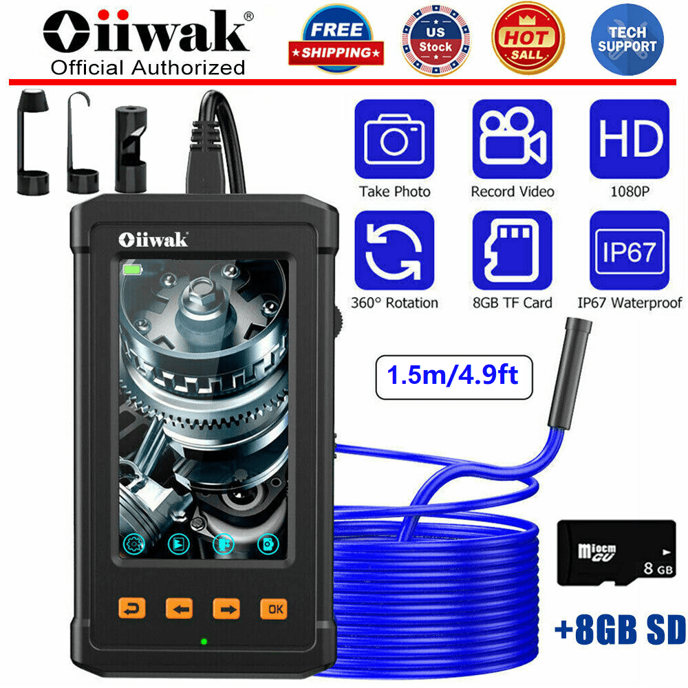 33FT Inspection Camera 8GB TF Card Pipe Detecting IP67 Waterproof Industrial Endoscope Camera with 2800nAh Battery Snake Camera for Automotive Engine 1080P HD 5.5MM Borescope with 4.3inch Screen 