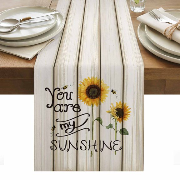 Sunflowers Table Runner - 90 Inch Long, Kitchen Dining Table Runner Dresser Scarves, Modern Bee You Are My Sunshine Wooden Grain Farmhouse Decor for Coffee Tables Wedding Party Banquet