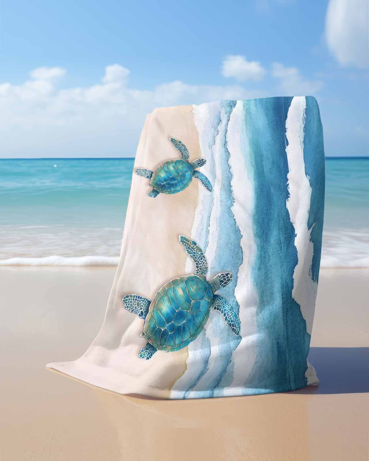 Blue Coastal Beach Towels Oversized Super Absorbent, Sea Turtle Summer Beach Waves Nautical Lightweight Bath Towel Quick Dry Sets For Bathroom/Pool/Rv Camping/Beach Play/Gym Room/Picnic 23"x47"