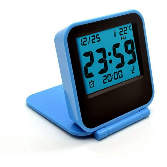 Mini Small Digital Travel Alarm Clocks with LCD Night Light,Battery Operated Travel Clock,Portable Folding Mini Pocket Temperature Clock for Outdoor Kids Bed Desk Table Cruise Camper（Blue）