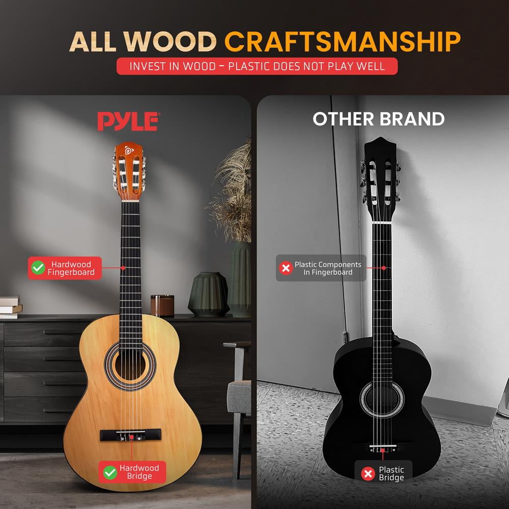 Pyle 30" 1/4 Size Beginner Acoustic Guitar Kit – All Wood Nylon String Instrument with Capo, Strap, Extra Strings & Gig Bag, Natural Gloss