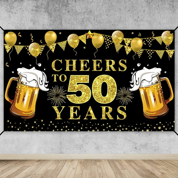 Cheers to 50 Years Banner Backdrop, Black Gold Happy 50th Birthday Decorations, 50 Anniversary Banner Poster Sign Party Supplies
