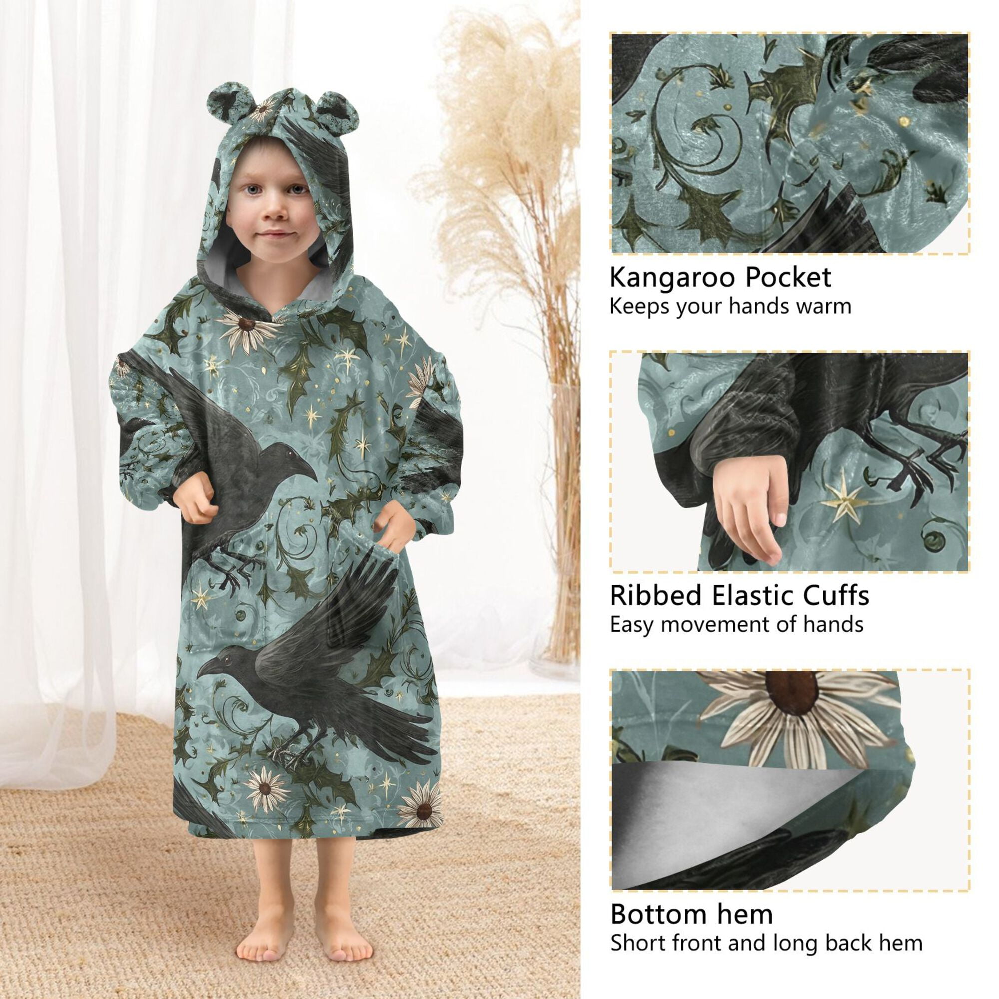 FORMRS Wearable Blanket Hoodie with Sleeves for Kids Cozy Flannel Sweatshirt, Mystic Crows Pattern