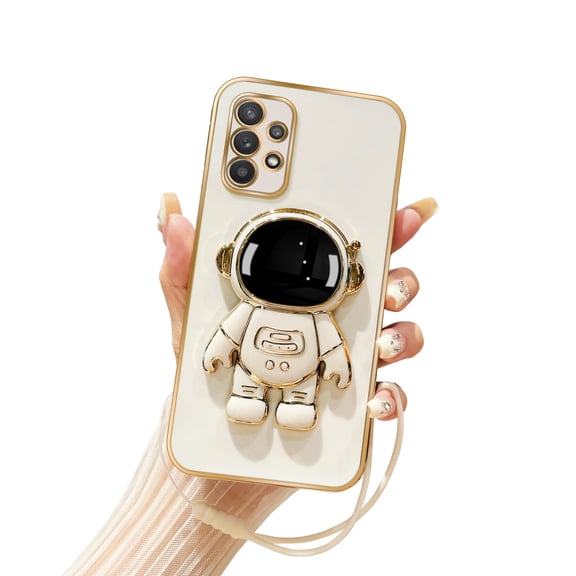 Annyojo for Samsung A32 5G Phone Case with 6D Astronaut Hidden Stand Holder Case Cover for Galaxy A32 5G Case with Lanyard Strap Silicone Shockproof Cover Bumper - White