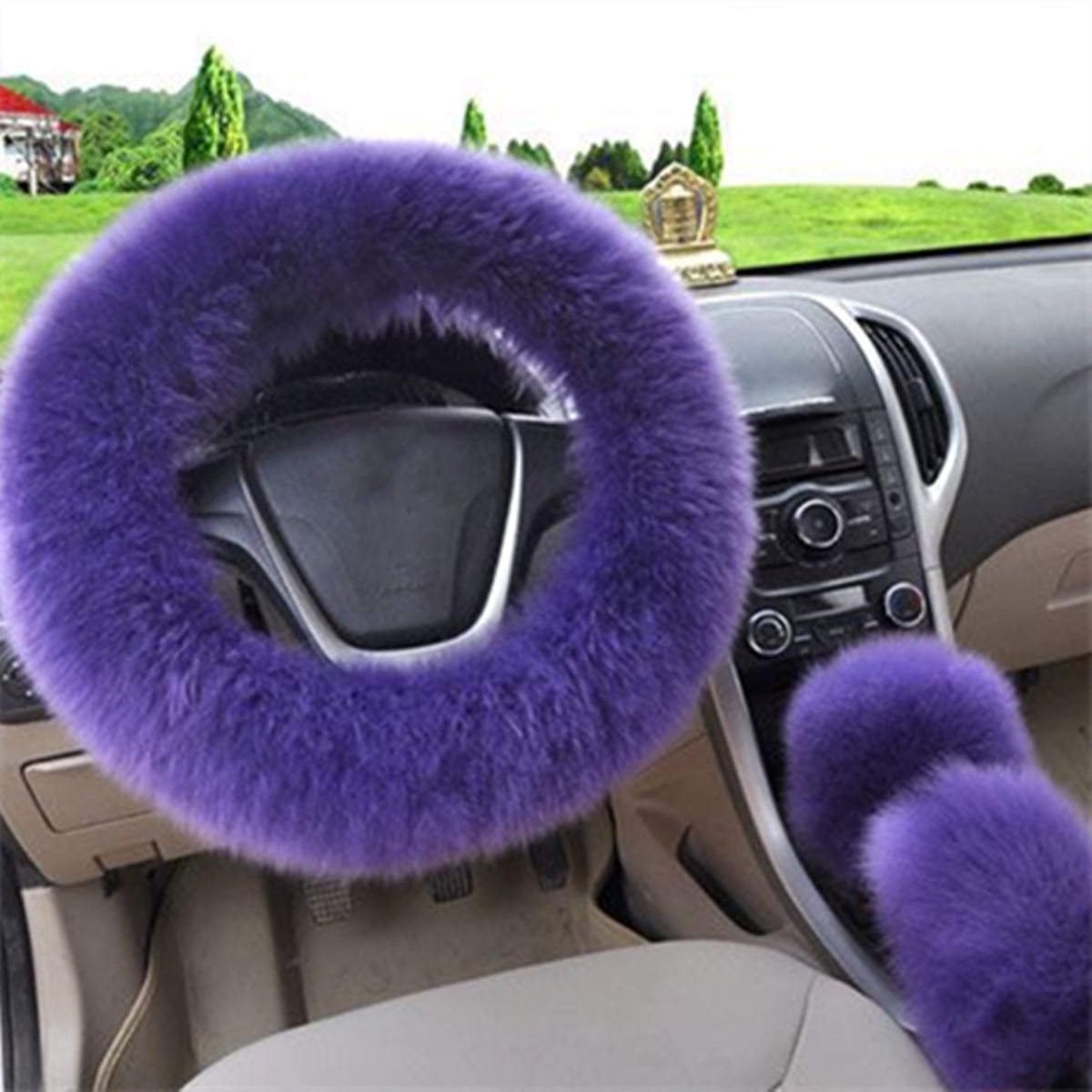 Universal Steering Wheel Cover Pink Plush Wool Soft Fluffy Steering