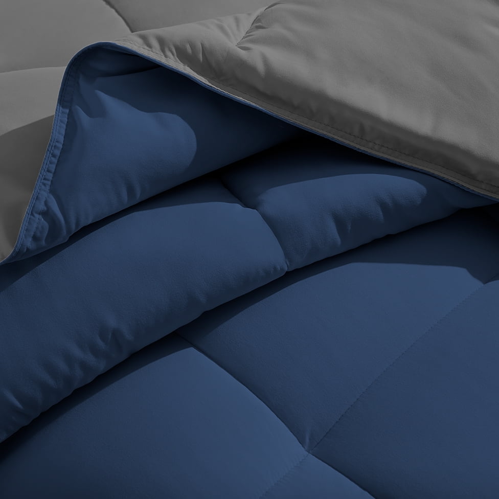 Bare Home Microfiber 6-Piece Dark Blue/Gray Comforter, Gray Sheet Set Reversible Bed in a Bag, Split King