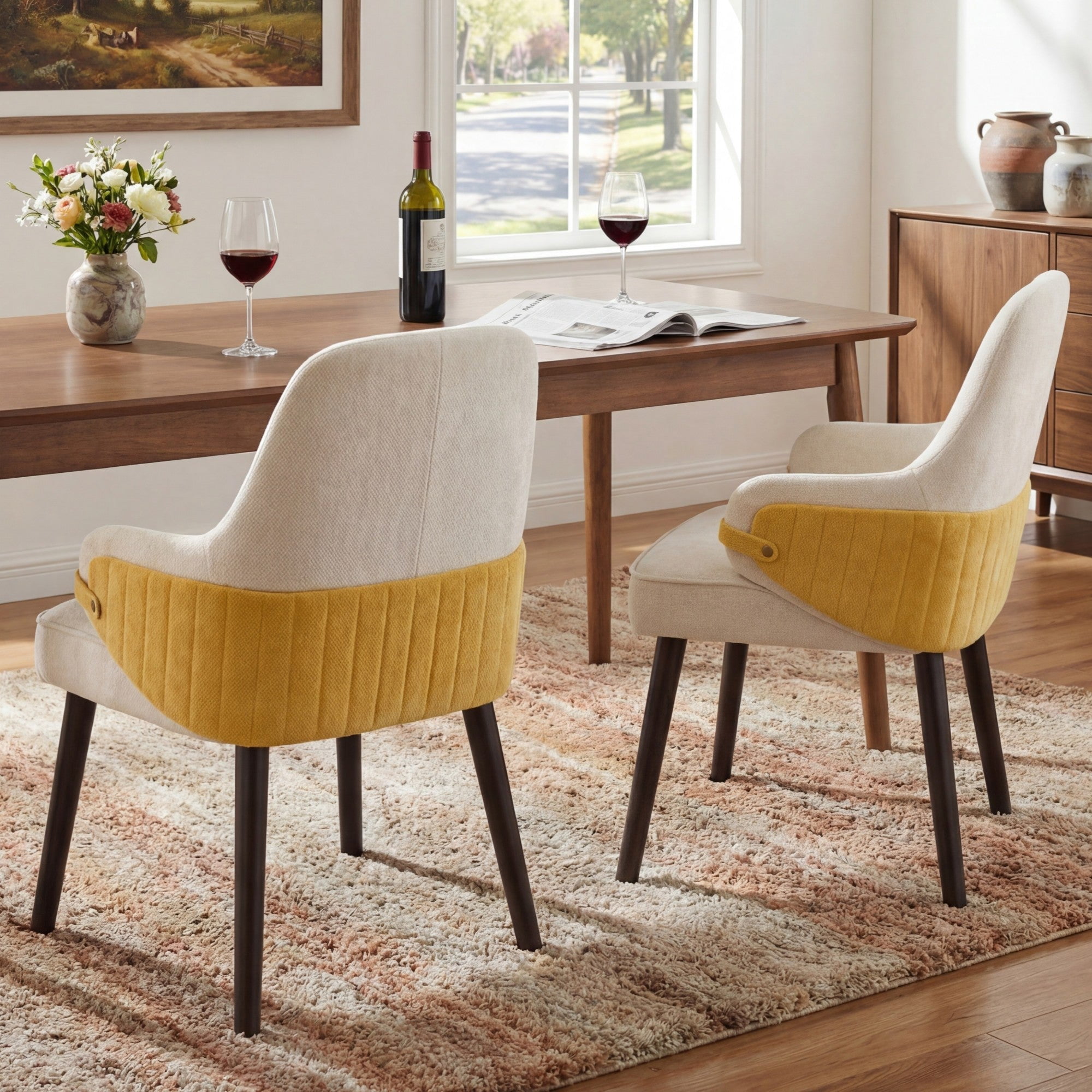 Sailvan Dining Chair Set of 2,Two-Tone Fabric Armchair with Sturdy Wood Frame,Modern Accent Chairs for Dining Room,300lbs Beige&Yellow