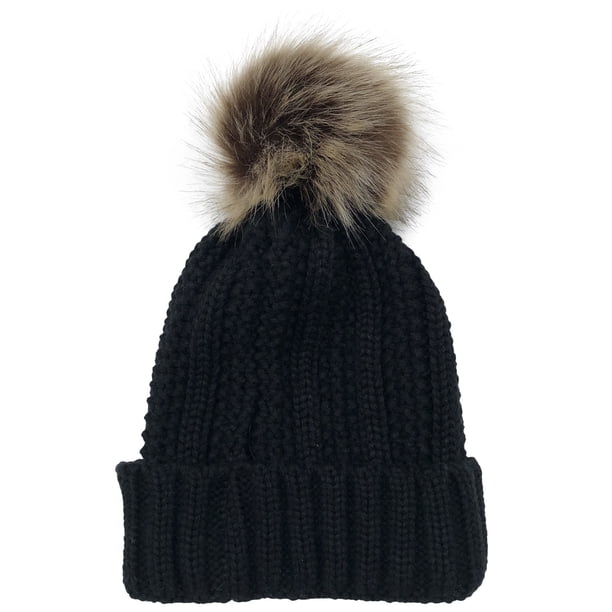 Gorro de lana con puños y pompón de piel sintética afelpada y forro polar, tejido con cable grueso, bola de lana, cálido, para mujer