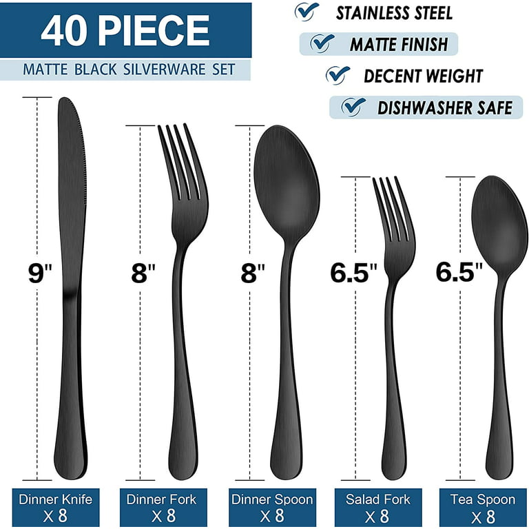 Black Silverware Set for 8, 40 Pieces Stainless Steel Flatware Cutlery Set,  Mirror Polished Tableware Kitchen Utensil Set, Include Knives Spoons