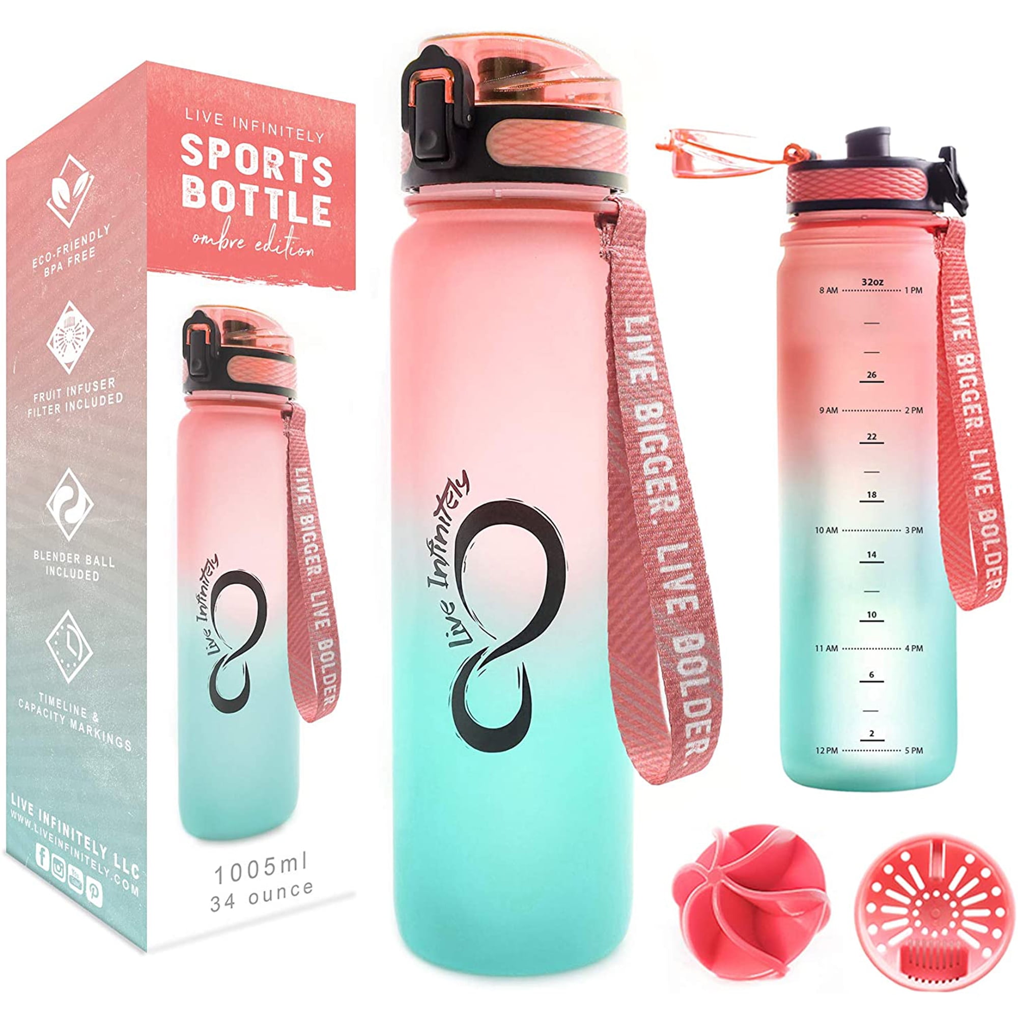 Live Infinitely Gym Water Bottle with Time Marker Fruit Infuser and