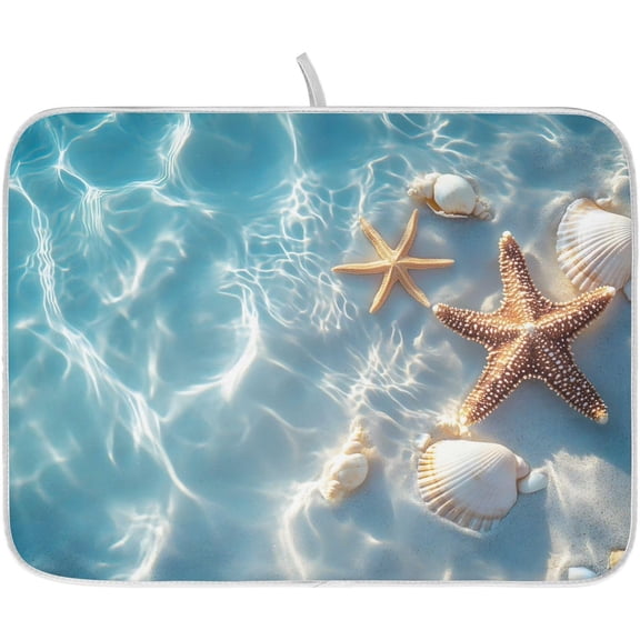 Starfish and Seashell on The Summer Beach Dish Drying Mat for Kitchen Counter Absorbent Microfiber Small Drying Pad Dish mats for Kitchen Countertops 16 x 18 Inch