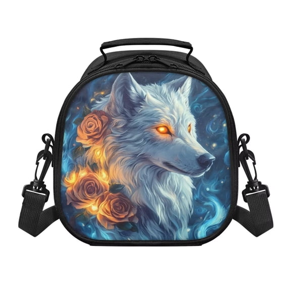 Jeiento Wolf Small Crossbody Lunch Bag for Kids Age 4-6 Kindergarten Boys Girls Lunchbox Tote Rose Print School Meal Tote Kit