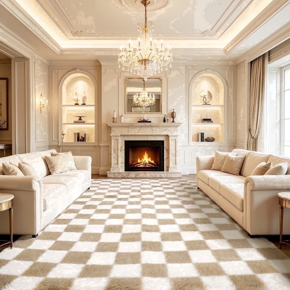 UNTIMATY 8'x10' Area Rugs for Living Room, Large Shag Fluffy Rug Checkered Carpet, Beige & White