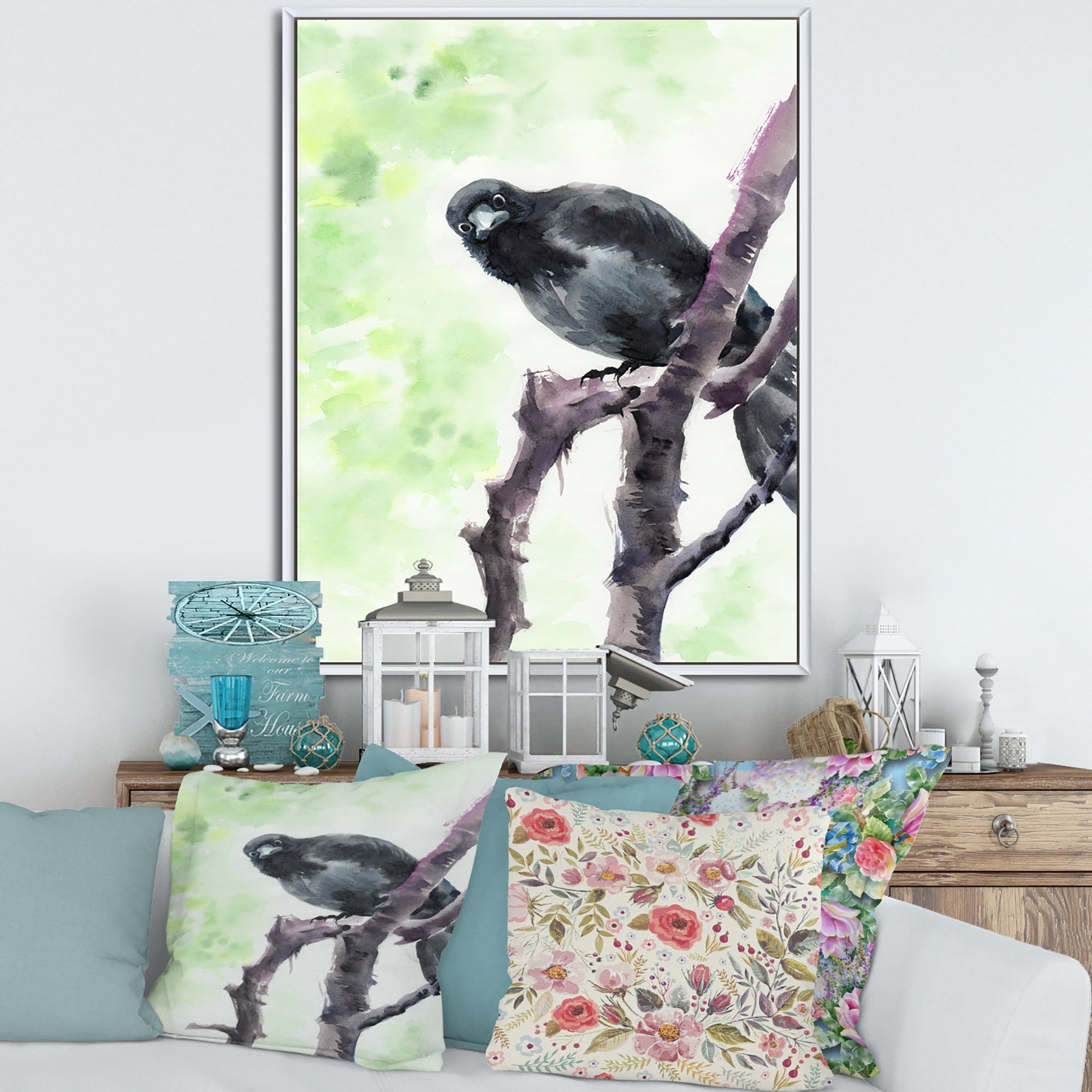 Designart 'Curious Crow Sitting On A Branch' Traditional Framed Canvas Wall Art Print