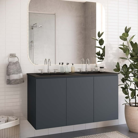 Modway Bryn 48" Wall-Mount Double Sink Bathroom Vanity in Gray Black