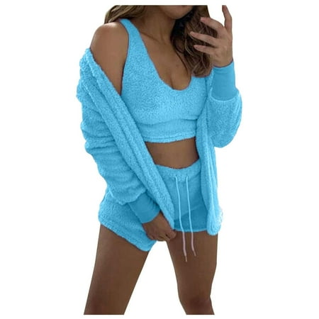 

Women s Fuzzy 3 Piece Lounge Set Soft Comfy Pajama Set Cami Crop Top Shorts and Open Front Cardigan Loungewear Ladies Clothes