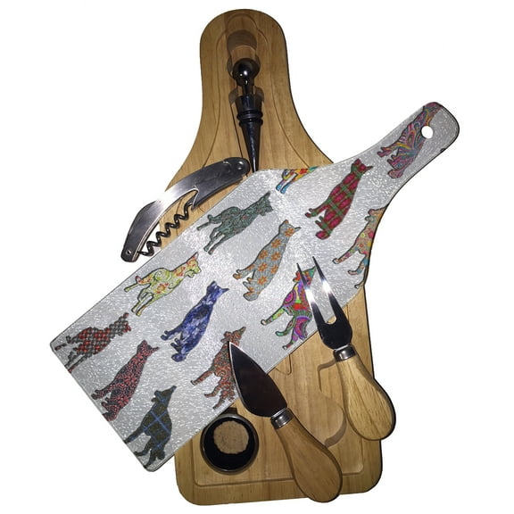 KuzmarK Wine & Cheese Glass Cutting Board Wood Box Gift Set - German Shepherd